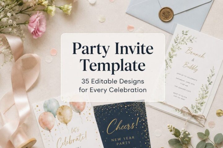 Editable party invite templates featuring balloons and elegant designs for various celebrations.
