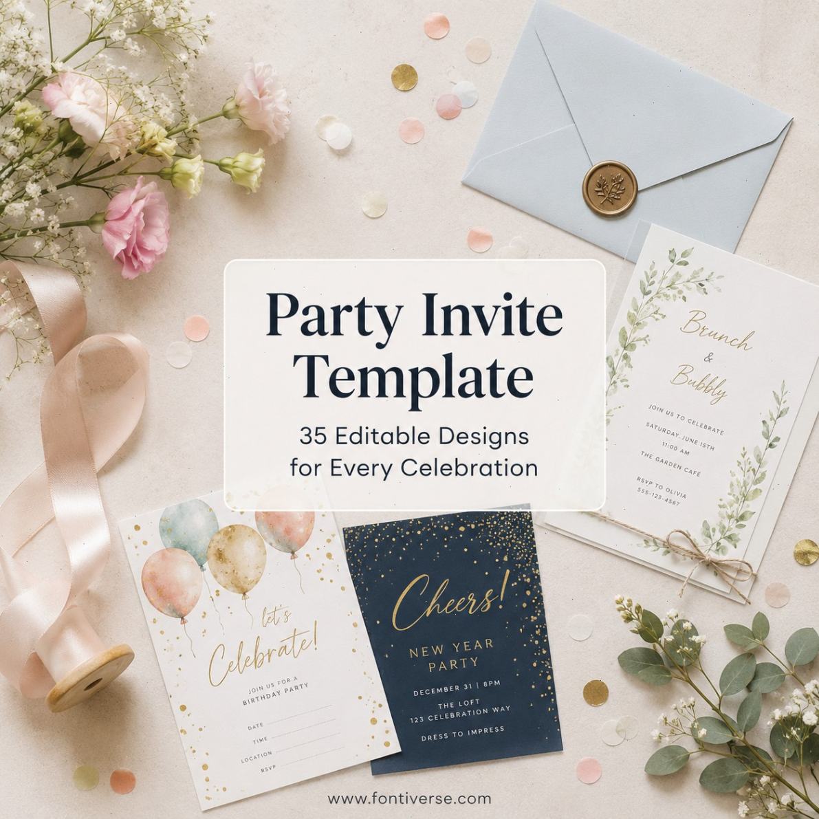 Editable party invite templates featuring balloons and elegant designs for various celebrations.