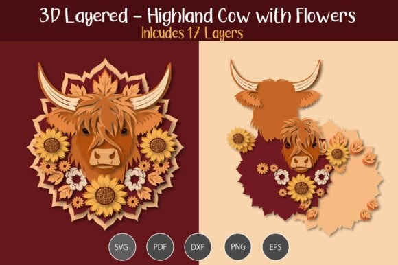 30 Best Layered Highland Cow Laser Cut Files for Decor 10 3D Layered Highland Cow with Flowers design featuring 17 layers โ Layered Highland Cow Laser Cut Files