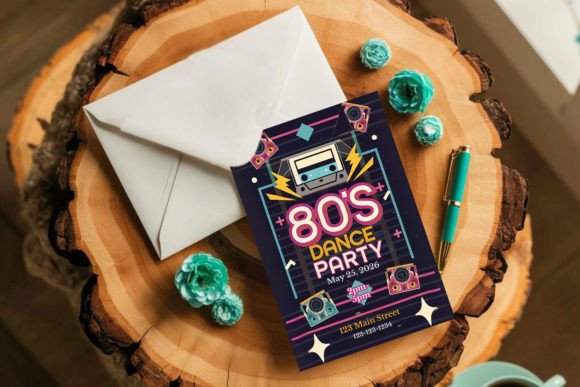 25 Disco Party Invitation Templates for a Sparkling Night 6 Colorful 80s dance party invitation on a wooden table with an envelope and decorative items.