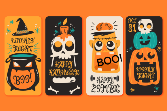 35 Creepy Alphabet Fonts for Bold Halloween Projects 13 Colorful Halloween-themed cards featuring a witch's cauldron, skull, zombie, and pumpkin.