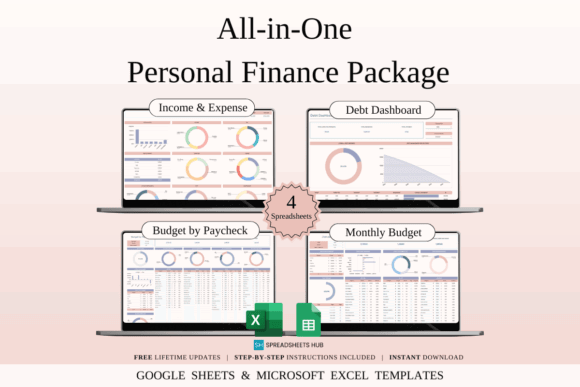 15 Best Google Sheets Bundles & Templates for Business 6 All-in-One Personal Finance Package showcasing income, expense, debt dashboard, and budget — Google Sheets bundles