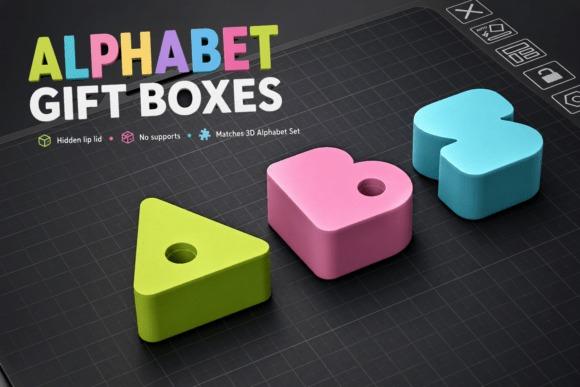 3D Printed Alphabet Gift Boxes — 3D printed gift 3D printed gift boxes in various colors shaped like letters A, B, and C.