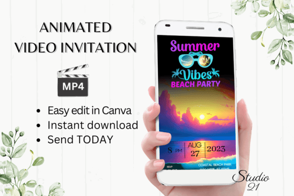 29 Bright Summer Party Invite Templates for Sunny Celebrations 24 Animated summer beach party invitation on a smartphone with sunset and tropical elements.