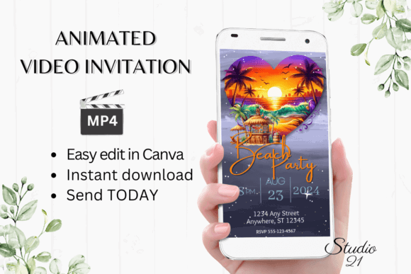 29 Bright Summer Party Invite Templates for Sunny Celebrations 22 Animated beach party invitation displayed on a smartphone with tropical sunset design.