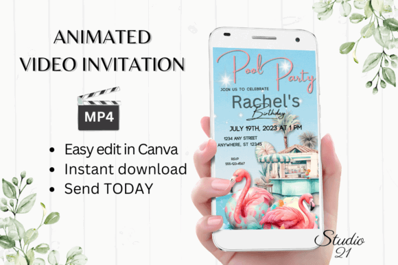 29 Bright Summer Party Invite Templates for Sunny Celebrations 11 Animated digital pool party invitation on a smartphone with tropical design and flamingos.