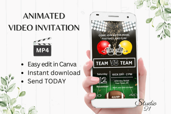 Football Party Invitation Templates: 12 Winning Game-Day Picks 10 Animated football game invitation on a smartphone with editable details.