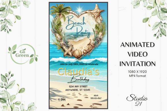 29 Bright Summer Party Invite Templates for Sunny Celebrations 39 Beach party invitation with seashells and palm trees, featuring event details.