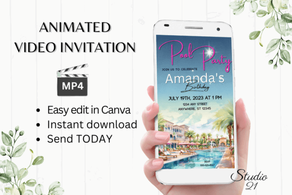 29 Bright Summer Party Invite Templates for Sunny Celebrations 5 Bright animated pool party invitation on a smartphone with tropical leaves.