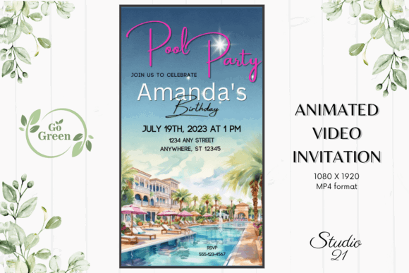 29 Bright Summer Party Invite Templates for Sunny Celebrations 4 Bright animated pool party invitation with tropical design and event details.