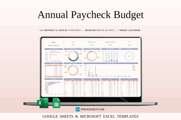 15 Best Google Sheets Bundles & Templates for Business 10 Annual Paycheck Budget spreadsheet displaying financial data and charts. — Google Sheets bundles