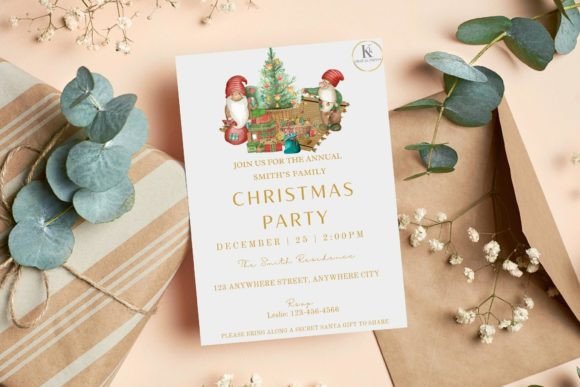 Christmas Party Invitation Templates: 35 Festive Picks 18 Festive Christmas party invitation featuring a tree and gnomes, with event details included.