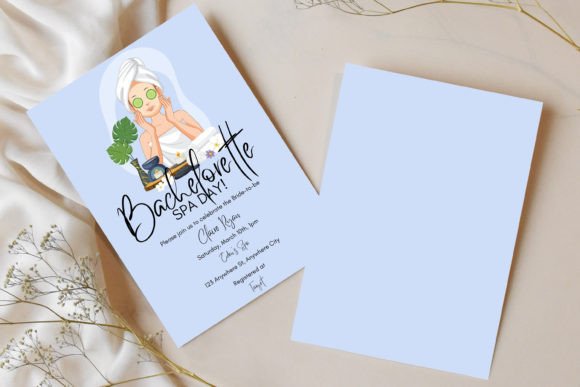Spa Party Invite Template: 20 Beautiful Designs 8 Bachelorette spa day invitation featuring a woman with a towel and cucumber slices, on a light blue background.