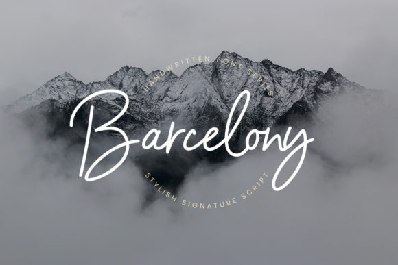 Barcelony Signature Font — Canva fonts for professional branding Barcelony font displayed over a mountain landscape — Canva fonts for professional branding