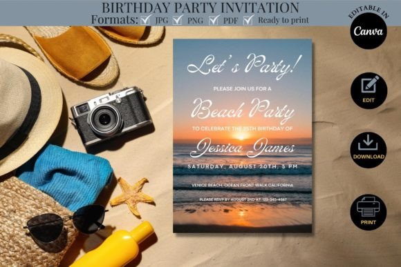 29 Bright Summer Party Invite Templates for Sunny Celebrations 25 Beach birthday party invitation with sunset background and editable text.