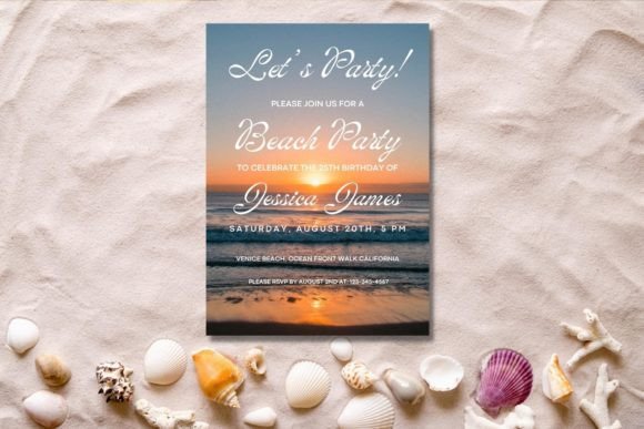 29 Bright Summer Party Invite Templates for Sunny Celebrations 26 Beach party invitation with sunset and seashells on sand