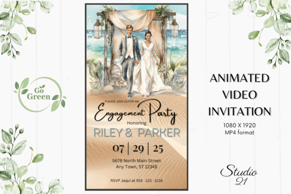 Beach Party Invite Template: 25 Best Sunny Designs 24 Elegant beach engagement party invitation with a couple and coastal scenery.