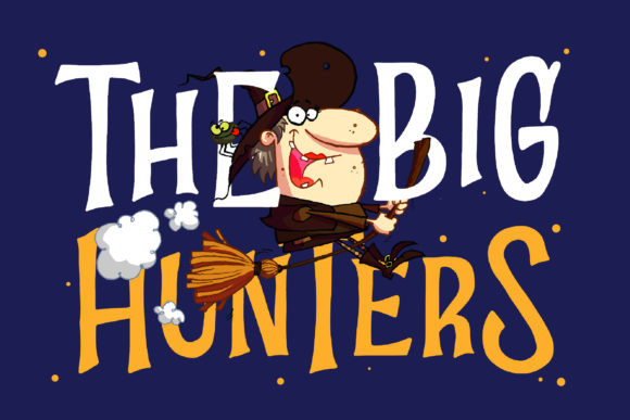 35 Creepy Alphabet Fonts for Bold Halloween Projects 17 Cartoon witch flying on a broomstick with the text 'The Big Hunters' in bold, playful fonts.