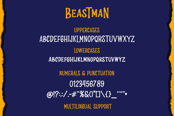 44 Spooky Halloween Alphabet Fonts for Posters and Crafts 32 Beastman font showcasing uppercase and lowercase letters, numbers, and punctuation.
