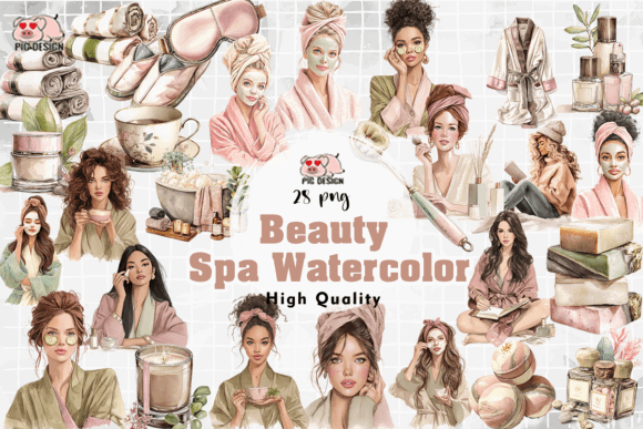 Spa Party Invite Template: 20 Beautiful Designs 17 Watercolor illustrations of spa-themed elements and women in robes, conveying a relaxing spa atmosphere.