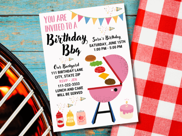 29 Bright Summer Party Invite Templates for Sunny Celebrations 41 Colorful birthday BBQ invitation with grill and food illustrations on a checkered tablecloth background.