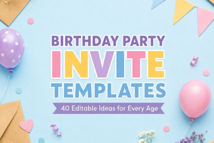 Colorful birthday party invite templates with balloons and flowers on a blue background.