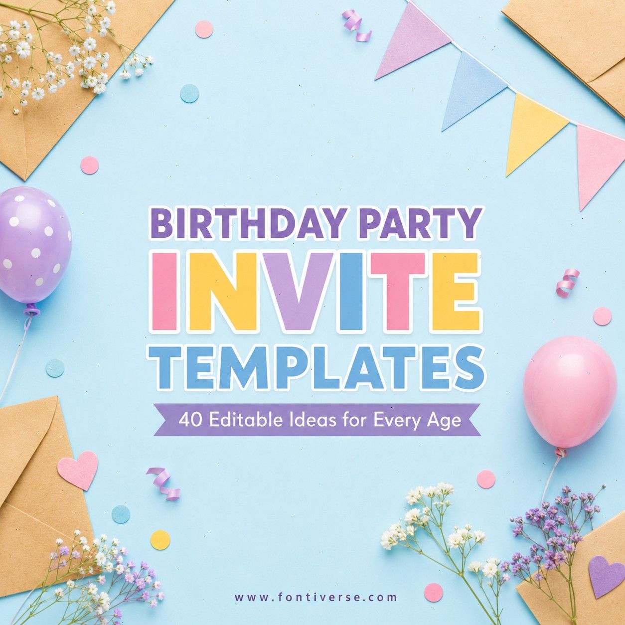 Colorful birthday party invite templates with balloons and flowers on a blue background.