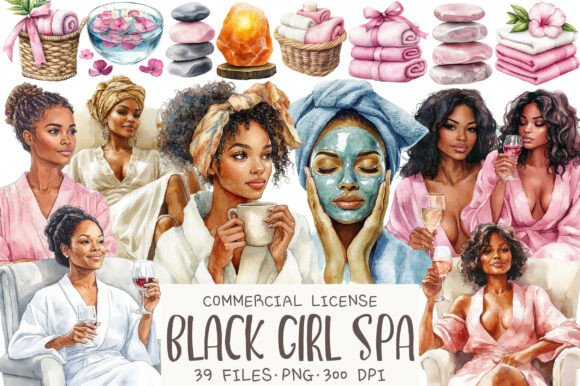 Spa Party Invite Template: 20 Beautiful Designs 18 Watercolor clipart featuring diverse women enjoying a spa day with beauty products and relaxation items.
