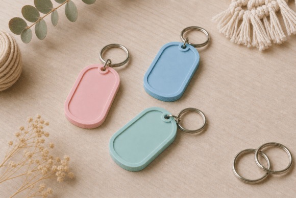DIY 3D Printed Keychains — DIY 3D printed gifts Colorful 3D printed keychains in pink, blue, and green on a wooden surface. — DIY 3D printed gifts