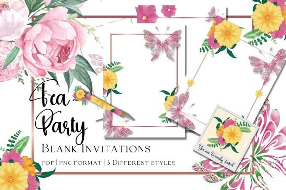 30 Charming Tea Party Invitation Templates for Elegant Celebrations 8 Floral blank tea party invitations with colorful flowers and butterflies.