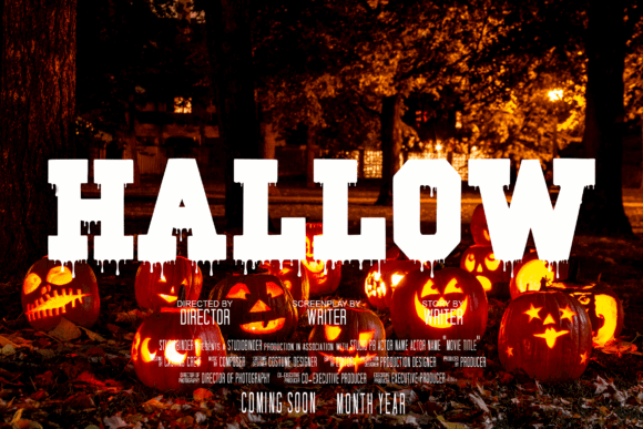 49 Thick Halloween Fonts for Bold Posters and T-Shirts 2 Bold Halloween font 'HALLOW' displayed over carved pumpkins at night.