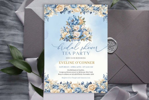 30 Charming Tea Party Invitation Templates for Elegant Celebrations 13 Blue floral tea party invitation for a bridal shower featuring teacups and flowers.