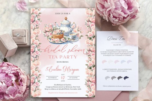 30 Charming Tea Party Invitation Templates for Elegant Celebrations 14 Blush pink roses tea party bridal invitation with teacups and floral design.