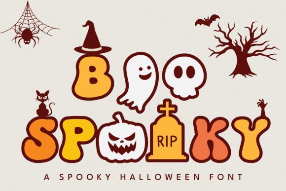 39 Quirky Halloween Fonts for Playful Spooky Designs 22 Colorful Halloween font spelling 'Boo Spooky' with spooky motifs like ghosts and pumpkins.