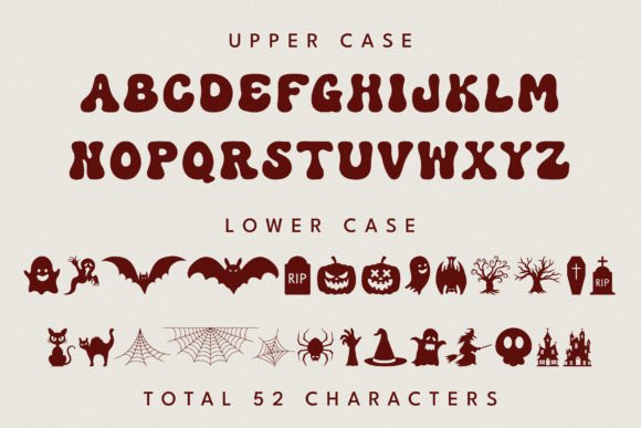28 Halloween Fonts for T-Shirt Designs & POD 10 Halloween-themed font showcasing uppercase and lowercase letters with spooky icons.