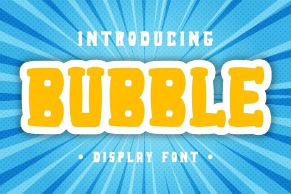 Halloween Bubble Letter Fonts: 27 Cute Spooky Picks 21 Bright yellow bubble display font on a blue burst background.