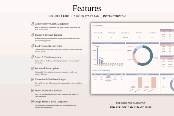 15 Best Google Sheets Templates for Etsy Sellers Success 11 Dashboard features for Google Sheets templates for Etsy sellers, including client management and payment tracking.