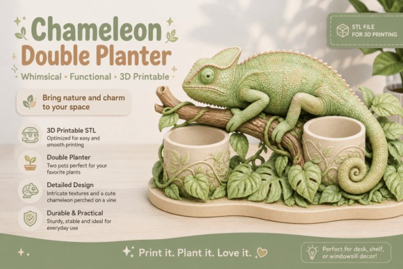 Chameleon Double Planter — DIY 3D printed gifts Chameleon Double Planter for 3D printing, whimsical design for plants. — DIY 3D printed gifts