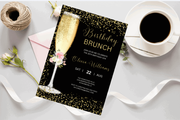 30 Charming Tea Party Invitation Templates for Elegant Celebrations 26 Elegant birthday brunch invitation with champagne glass and floral accents.