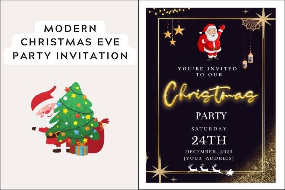 Christmas Party Invitation Templates: 35 Festive Picks 19 Modern Christmas Eve party invitation featuring Santa and a Christmas tree with festive decorations.