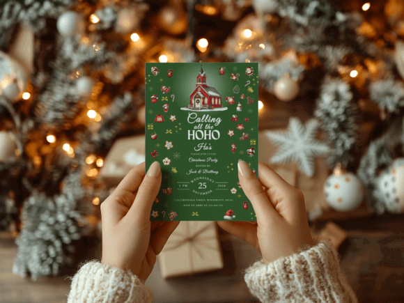 Christmas Party Invitation Templates: 35 Festive Picks 25 Festive green Christmas party invitation held between hands, decorated with holiday elements.