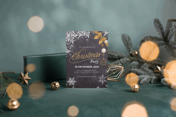 Christmas Party Invitation Templates: 35 Festive Picks 23 Elegant black and gold Christmas party invitation with snowflakes and festive decorations.