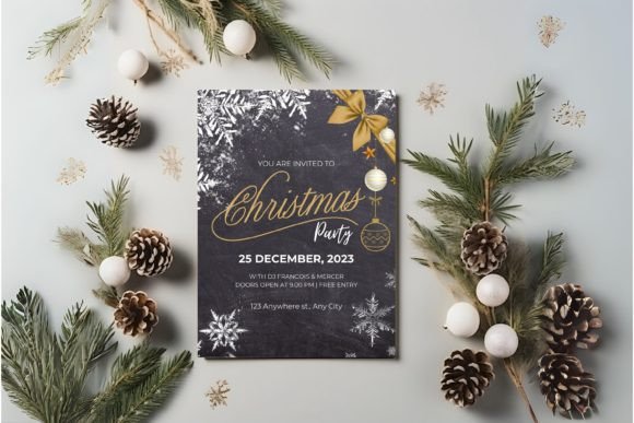 Christmas Party Invitation Templates: 35 Festive Picks 22 Elegant black and gold Christmas party invitation with snowflakes and festive decorations.