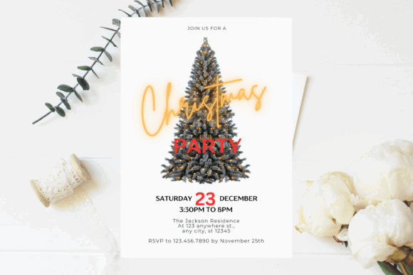 Christmas Party Invitation Templates: 35 Festive Picks 8 Christmas party invitation featuring a decorated tree and event details.