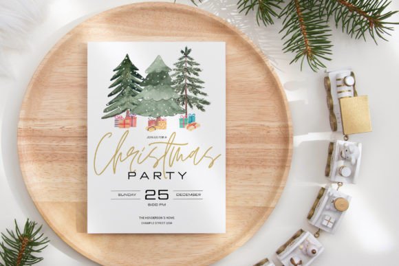 Christmas Party Invitation Templates: 35 Festive Picks 6 Festive Christmas party invitation with trees and gifts on a wooden plate.