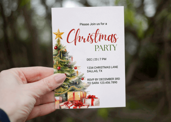 Christmas Party Invitation Templates: 35 Festive Picks 7 Hand holding a Christmas party invitation featuring a tree and gifts.