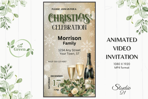 Christmas Party Invitation Templates: 35 Festive Picks 9 Elegant Christmas party invitation with champagne and snowflakes, featuring RSVP details.
