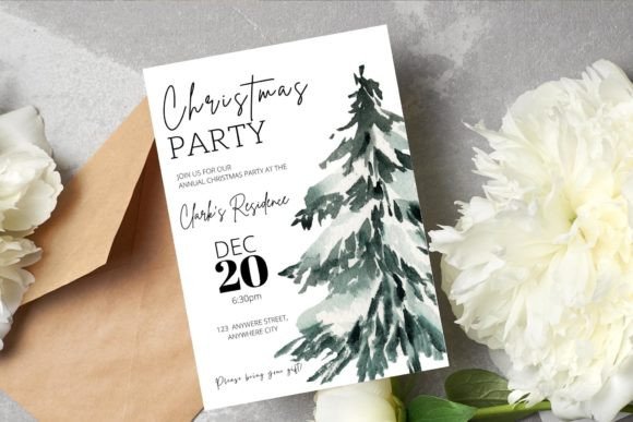 Christmas Party Invitation Templates: 35 Festive Picks 2 Elegant Christmas party invitation featuring a watercolor tree design and event details.