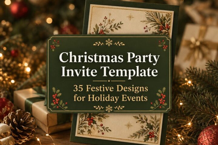 Christmas party invitation template featuring festive design elements and text.