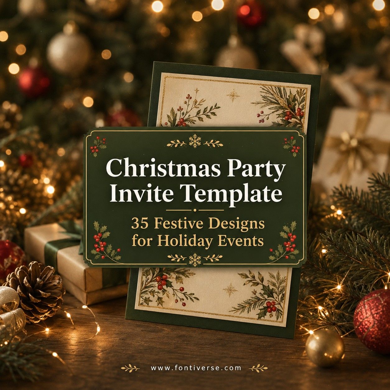 Christmas party invitation template featuring festive design elements and text.